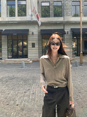 Qadınlar üçün köhnə üslubda polo yaxalıqlı toxunma sviter, payız, tənbəl, zərif, gənc, gündəlik V-yaxalı uzunqol köynək