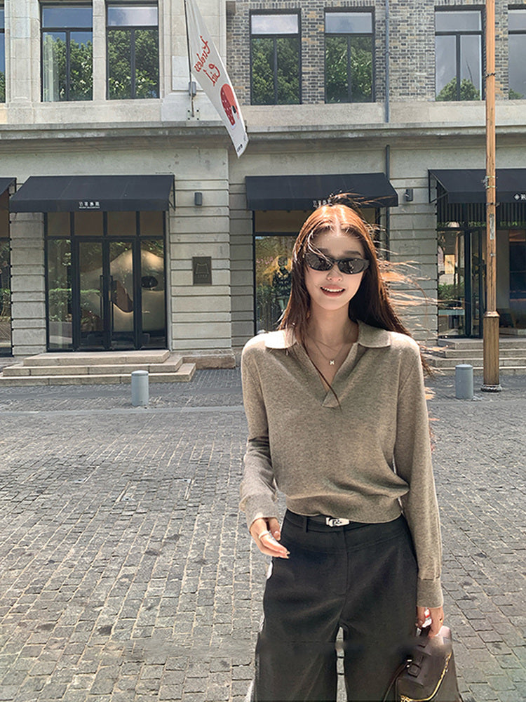 Qadınlar üçün köhnə üslubda polo yaxalıqlı toxunma sviter, payız, tənbəl, zərif, gənc, gündəlik V-yaxalı uzunqol köynək