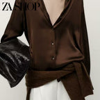 2025 Yaz Yeni Gəlişi Qadınlar üçün Çoxfunksiyalı Boş Gündəlik Uzunqollu Top, İpək Atlaz Teksturalı Köynək 2074580