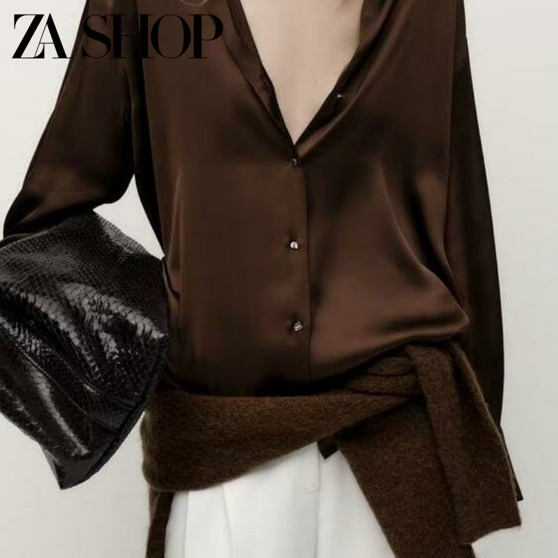 2025 Yaz Yeni Gəlişi Qadınlar üçün Çoxfunksiyalı Boş Gündəlik Uzunqollu Top, İpək Atlaz Teksturalı Köynək 2074580