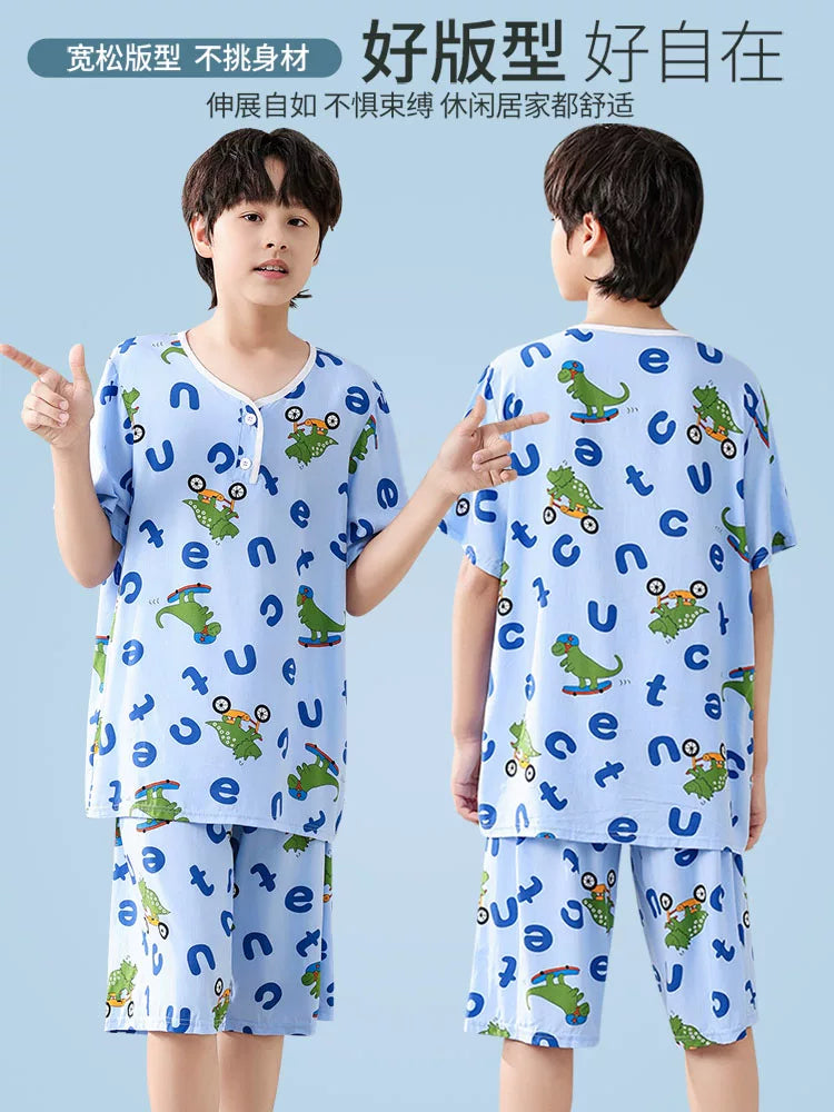 Oğlanlar, yeniyetmələr, orta məktəb şagirdləri üçün pambıq ipək pijama, nazik yay kostyumları, böyük uşaq qısaqol uşaq böyük ölçülü ev paltarları yay
