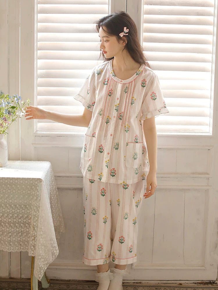 Yay üçün yastıqlı pijama, qadınlar üçün yeni üslub, təmiz pambıqdan qısaqol kəsikli şalvar, şirin çiçəkli krujeva kostyumu, boş ev paltarı