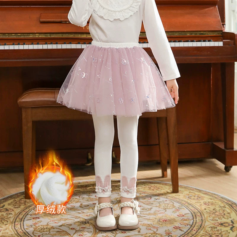 Qızlar üçün bir hissəli ətək şalvarları, 2025-ci ilin yaz və payız mövsümü üçün yeni model uşaq qış geyimləri, flis astarlı, süni iki hissəli leqinslər, ağ, çöldə geyinmək üçün.