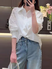 Qadınlar üçün Böyük Ölçülü Zərif Krujeva Nakışlı Uzunqol Ağ Köynək, 2026 Yeni Yaz Modeli, Boş Forma, Gündəlik Top