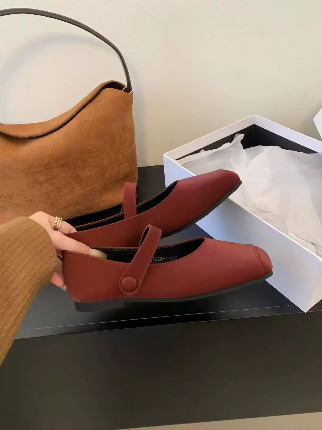 JINXINGQI Retro Zamşa Kvadrat Barmaqlı Mary Jane Ayaqqabıları, Kəmərli Qayışla - Fransız Qəşəng və Çoxfunksiyalı Düz Ayaqqabılar