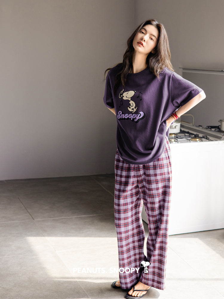 Qadınlar üçün Beiyan Snoopy pijama, nazik pambıq qısaqol, plaid şalvar, böyük ölçülü kostyum ev paltarından kənarda geyinmək olar