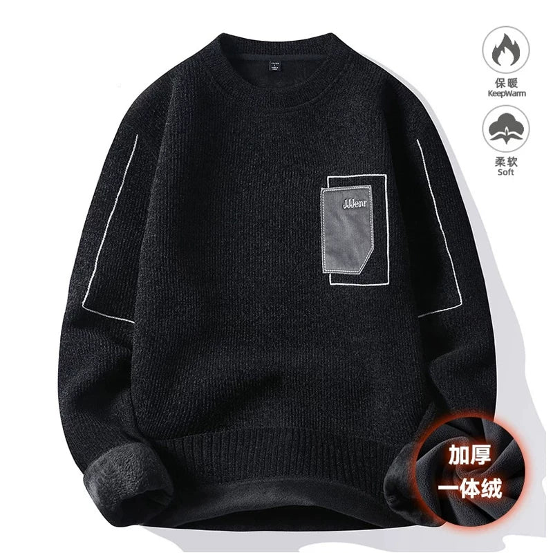 Kişilər üçün bir hissəli yun sviter, yeni payız və qış modası, isti şenil yun astarlı alt paltarı, kişilər üçün dairəvi yaxalı trikotaj geyim.