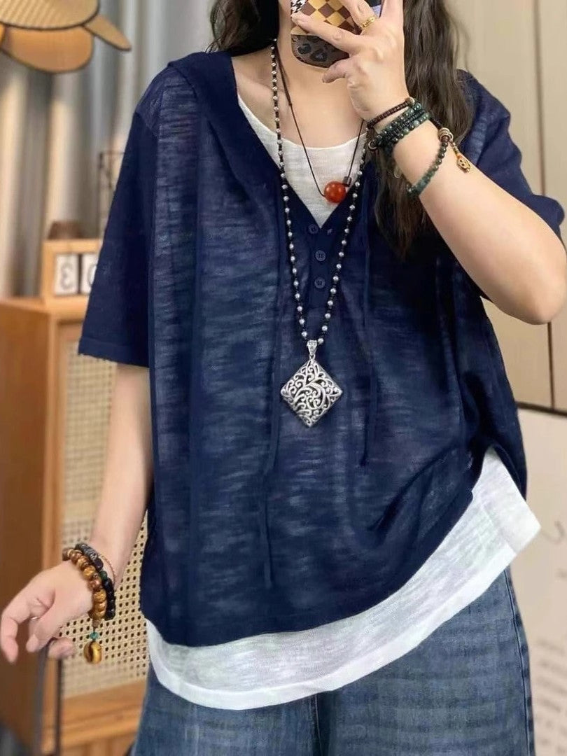 Böyük Ölçülü Yay Boş Başlıqlı Süni İki Parçalı Qısa Qollu Köynək Qadınlar üçün 2026 Yeni Gündəlik Çoxfunksiyalı Moda Rəngli Blok Top