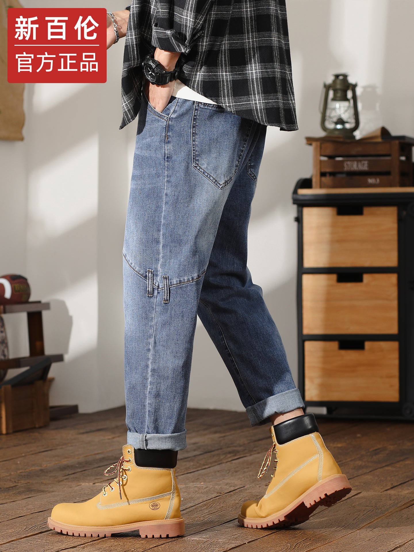 New Balance American style fashionable men's cargo jeans, loose straight leg, harem style, casual long pants, 2025 autumn new fashion.