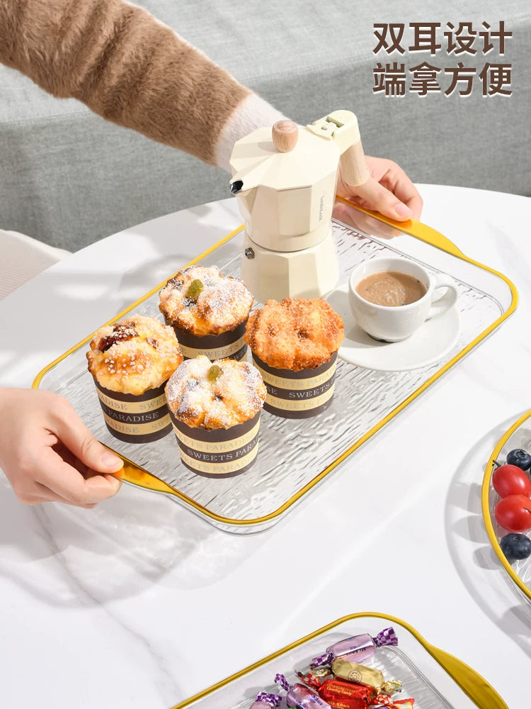 Çay fincanları, su stəkanları, çay nimçələri, qonaq otağı üçün plastik qəhvə masaları, fincanlar, düzbucaqlı meyvə yemək boşqabları ilə ev istifadəsi üçün yüngül lüks çay nimçəsi