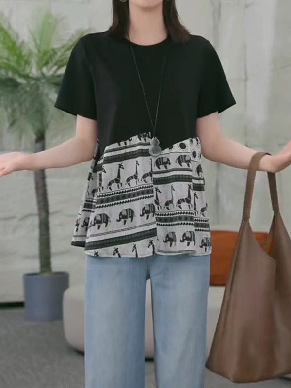 Böyük ölçülü, geniş bədən formasında, yamaqlı qısaqollu qadın köynəyi, yeni yay stili, arıqladıcı retro naxışlı top.