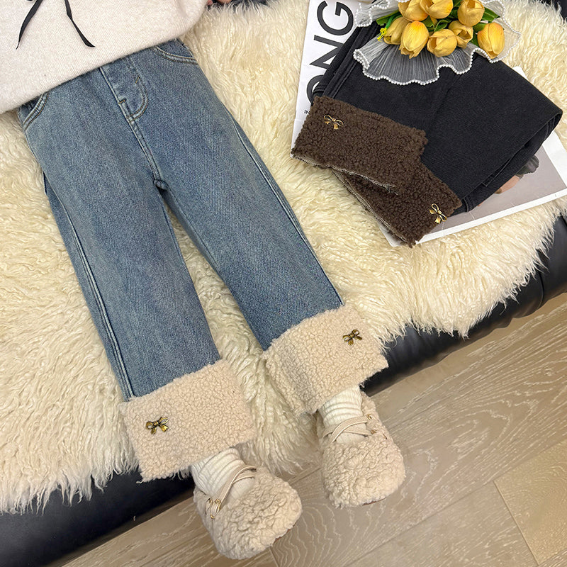 Qızlar üçün cins şalvar, 2025-ci ilin payız/qış yeni dəbi, uşaq üçün yun astarlı, nazik yun, bir hissəli yun qalınlaşdırılmış düz şalvar