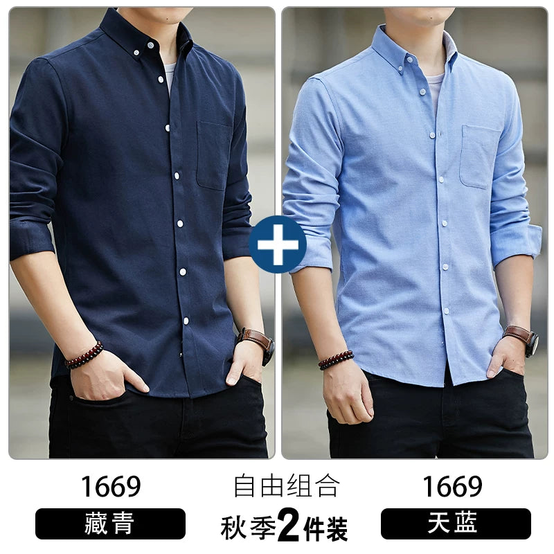 Kişilər üçün uzunqol köynək, gənclik üslubunda, boş forma, dəbli brend, yüksək səviyyəli Oksford parça, düz rəng, payız geyimi, gündəlik üst geyim.