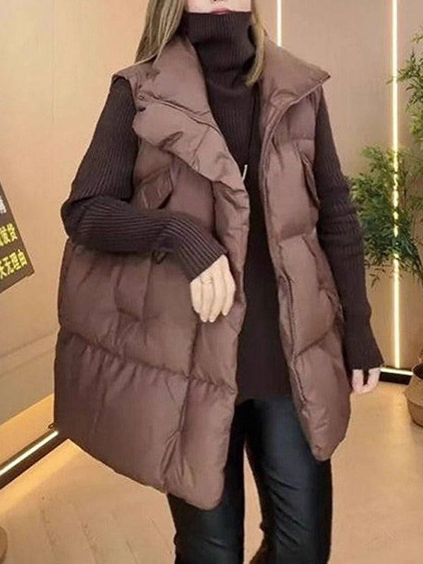 Qadınlar üçün Böyük Ölçülü Qara Dəbli Dayaqlı Qolsuz Qalınlaşmış Jilet Gödəkçə, 2026 Payız/Qış Yeni Arıqladıcı Pambıq Top