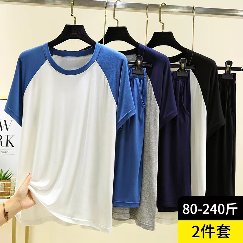 Kişi modal raglan pijama və pijama şalvar dəsti yay böyük ölçülü boş nazik gündəlik gündəlik xarici geyim ev geyimi iki parça dəst
