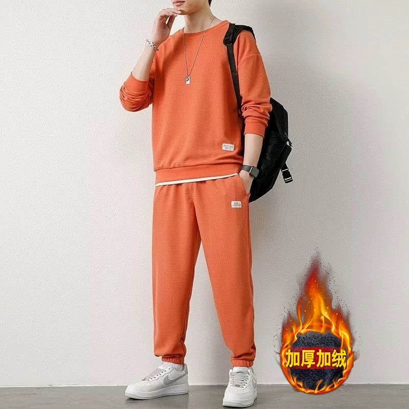 Endirimli Endirim: Kişilər üçün Gündəlik İdman Kostyumu, Böyük Ölçülü, Vafli Örgülü, Yun Astarlı, Payız və Qış üçün Qalın Sviter və Şalvar