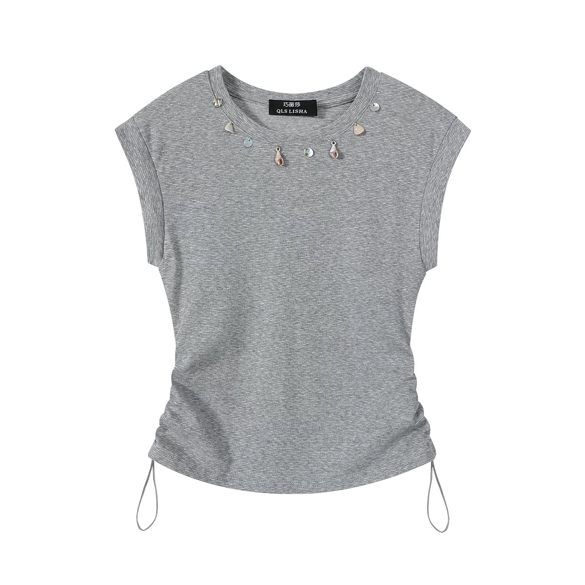 Cholisa-dan super şirin və unikal dizaynlı qadın yay yüksək səviyyəli dəyirmi yaxalı Koreya üslublu qolsuz futbolka