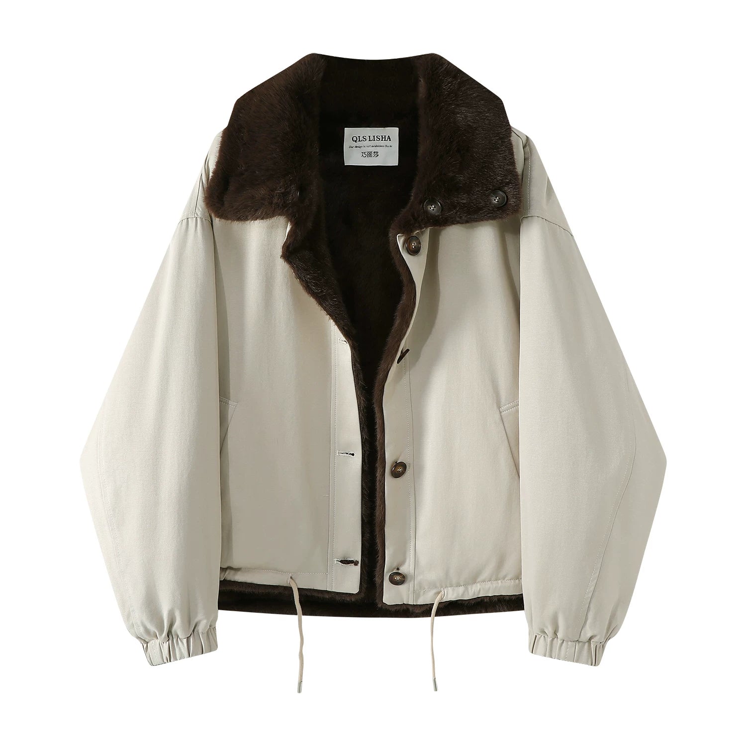 Chorlisa Koreya üslubunda şık, gündəlik, boş, yun astarlı qalın, iki tərəfli quzu yunundan hazırlanmış qadın paltosu/gödəkçəsi, payız və qış üçün