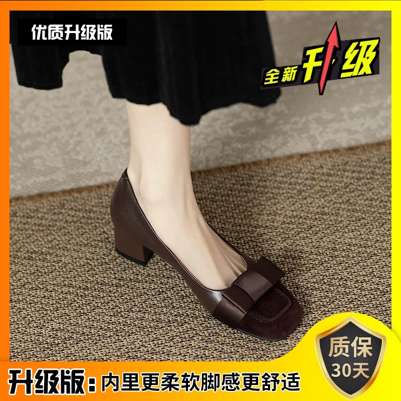 French style, Chanel inspired, color block women's high heels, 2024 spring and autumn new fashion, genuine leather, thick heel, strappy, retro mid-heeled single shoes.