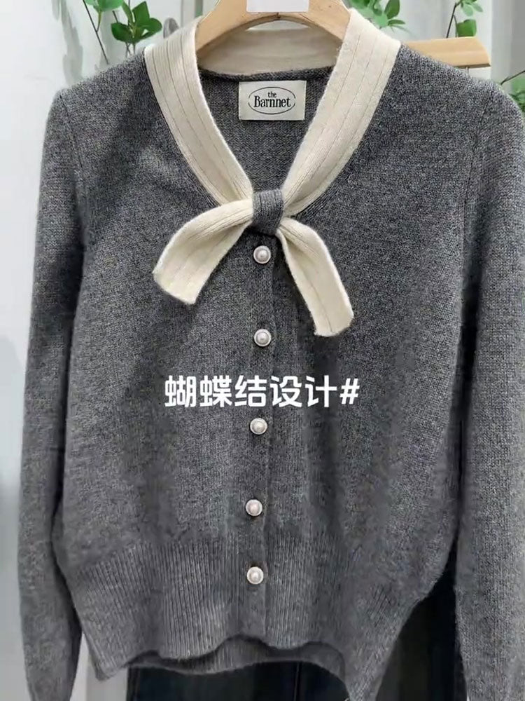 Women's gray V-neck knit sweater, new fashion for the fall/winter season 2025, luxurious and elegant, banded, multifunctional and elegant long-sleeved sweater.