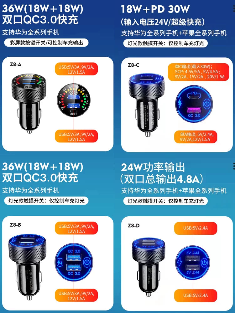 Car charger, super fast charging for mobile phones, fast cigarette lighter adapter, PD+USB multi-function car charger