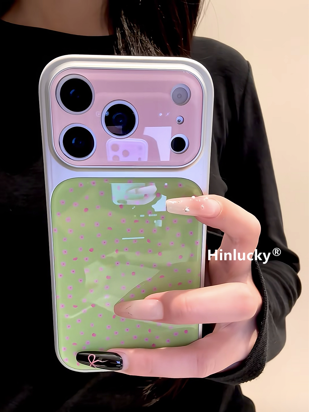 Hinlucky Koreya ins yaşıl fon çəhrayı kiçik çiçəkli Apple 17 mobil telefon üçün uyğundur iphone16promax elektrolizlənmiş akril 15 yeni qadın 16 düşməyə qarşı qoruyucu örtük 17pro super yaraşıqlı