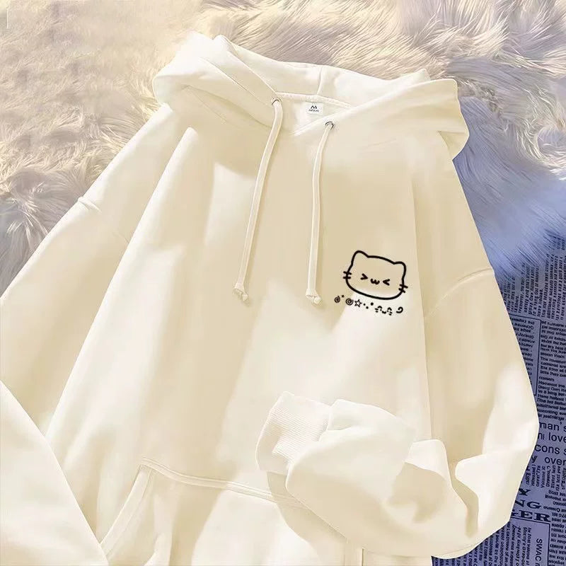 Oğlan və qız uşaqları üçün yeni stildə küçə cizgi filmi pişik naxışlı kapşonlu sviter, geniş formalı, orta və böyük uşaqlar üçün payız və qış aylarında çoxfunksiyalı top və palto.