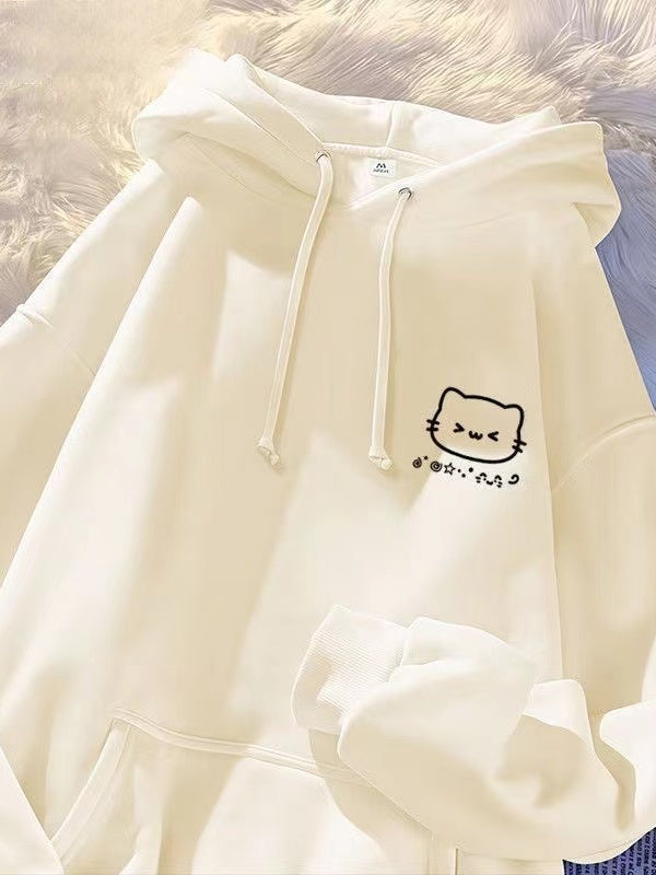 Oğlan və qız uşaqları üçün yeni stildə küçə cizgi filmi pişik naxışlı kapşonlu sviter, geniş formalı, orta və böyük uşaqlar üçün payız və qış aylarında çoxfunksiyalı top və palto.