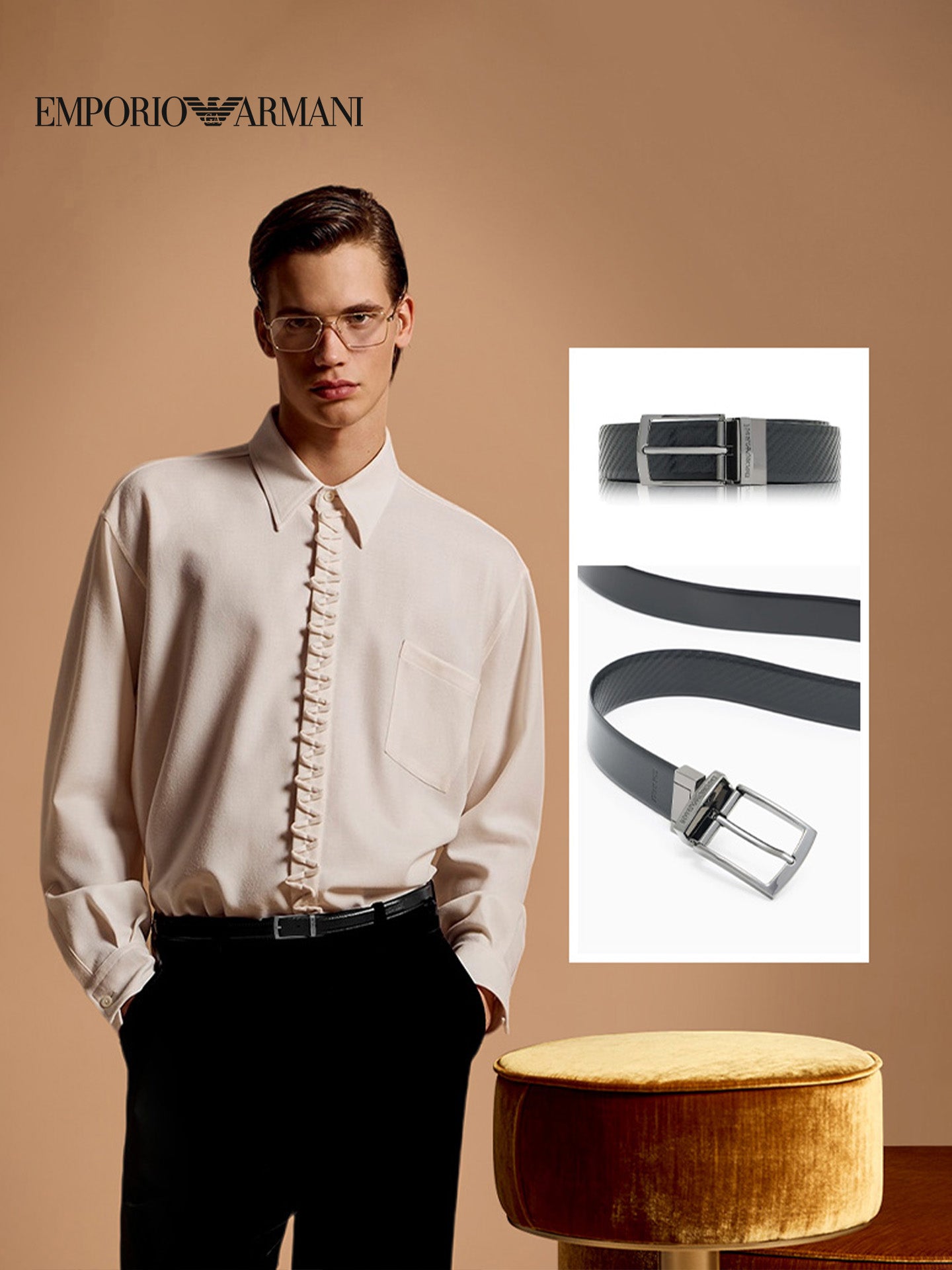 [Yeni il hədiyyəsi] EMPORIO ARMANI Qış Yeni Kişilər üçün İkitərəfli Qabartma Kəmər