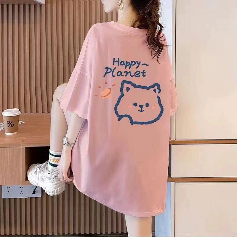 Tək/iki ədəd böyük ölçülü qadın boş qısaqol köynək qadın yay yeni nazik moda çap orta uzunluqlu ins trend