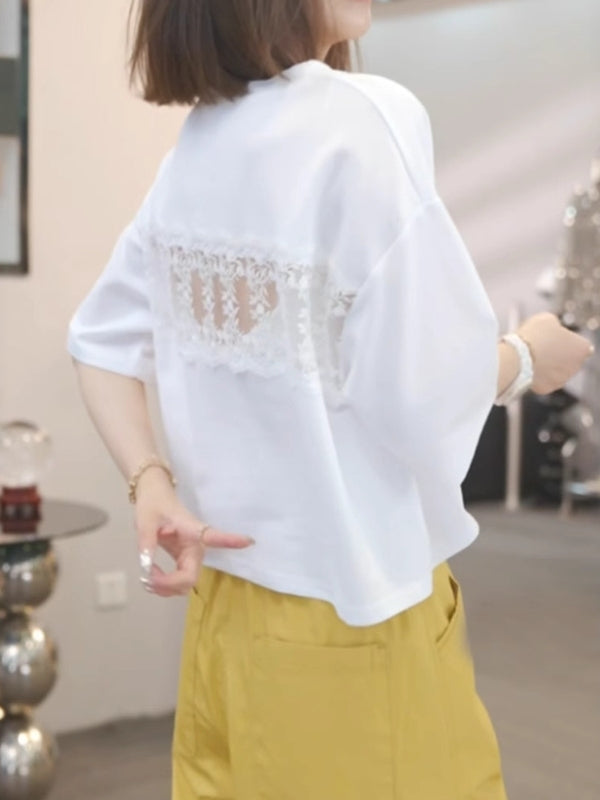 Qadınlar üçün Böyük Ölçülü, Saf Pambıqdan Naxışlı Qısa Qollu Futbolka, Yay, Boş Forma, Arıqladıcı, Arxasız Krujevalı Qısa Qollu Futbolka, Dəbli