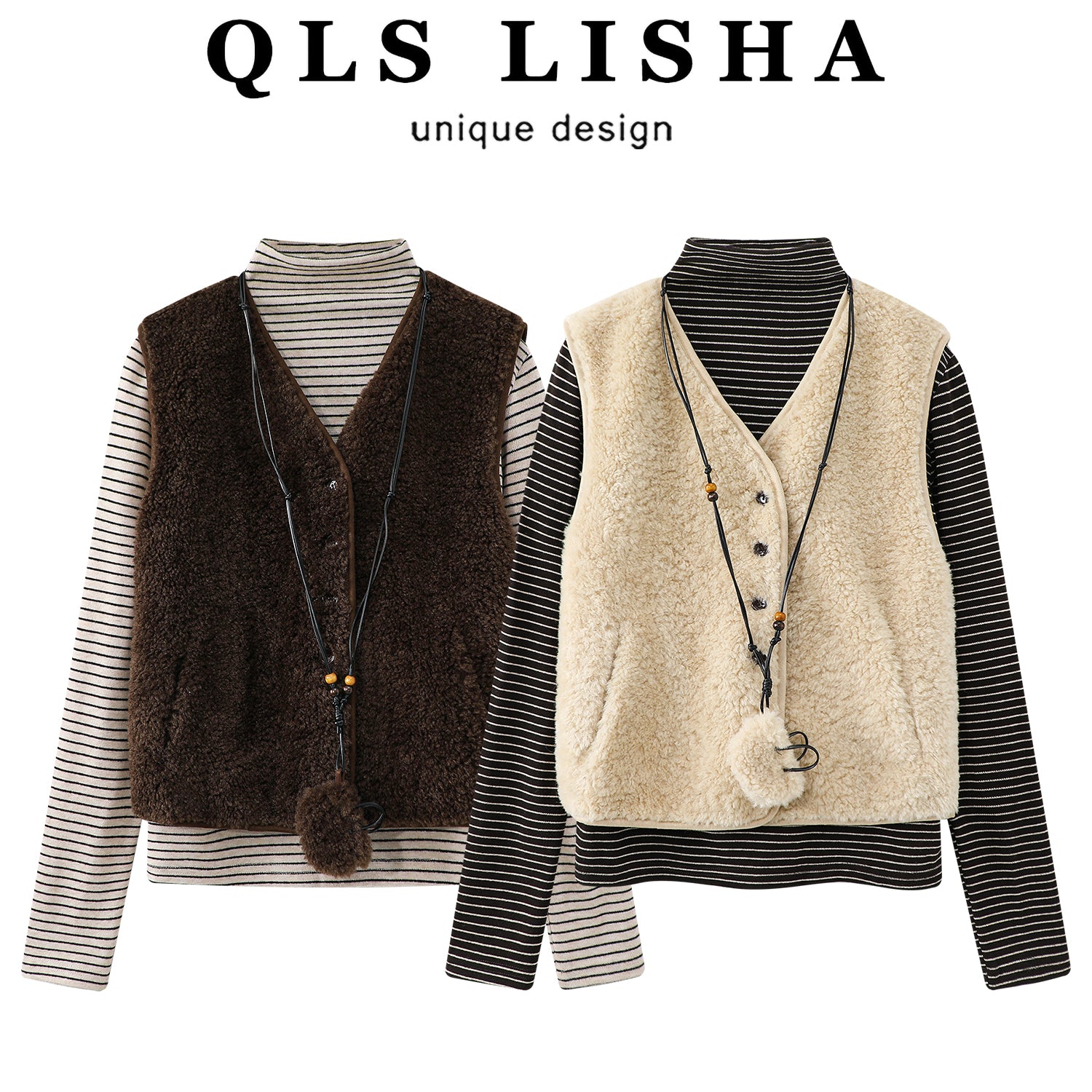 Cholisa-nın qadınlar üçün çox şirin, erkən qış laylı quzu yunundan hazırlanmış jilet paltosu, şık və şık, balıqçı yaxalı toxunmuş üst hissə ilə laylı geyimlər üçün idealdır.