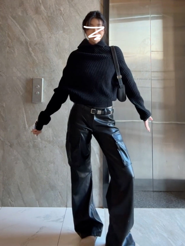 Qadın qara rəngli balıqçı yaxalı sviter, 2025-ci ilin payız/qış mövsümünün yeni, dəbli modeli, unikal və gözəl, toxunmuş üst geyim kimi geyinmək üçün mükəmməldir.