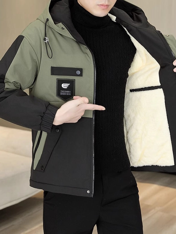 Yun astarlı və qalınlaşdırılmış kişi pambıqlı palto, dəbli Koreya üslubunda başlıqlı pambıqlı gödəkçə, şık, çox yönlü və isti kişi pambıqlı geyimləri