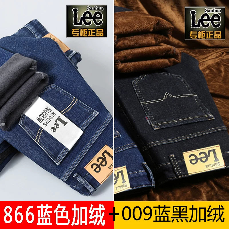 Payız/Qış üçün Kişilər üçün Qalın Yun Astarlı Cins Şalvar, İşgüzar Üslubda, Boş Formada, Düz Ayaqlı, Gündəlik, Uzun Şalvar, Elastik, Davamlı və Geyilməyə Davamlı