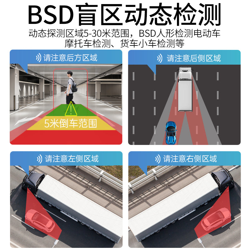 Truck dashboard equipped with visual reversing radar, four-channel monitoring, BSD blind spot warning and high-definition night vision system.