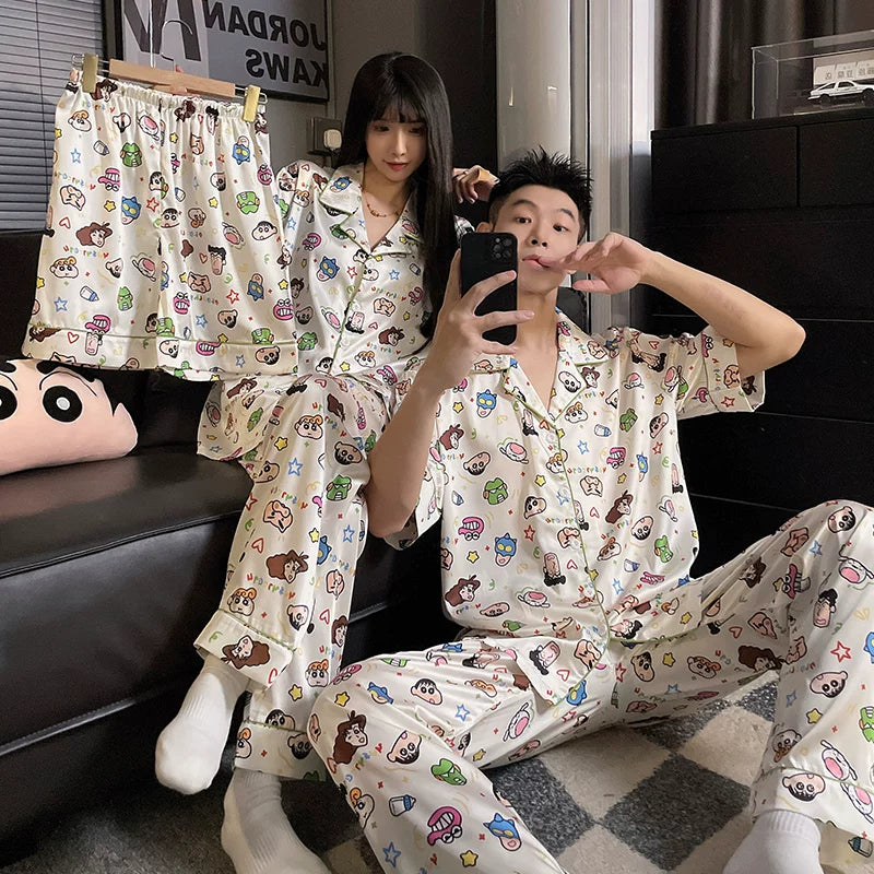 Crayon Shin-chan cüt pijama qadın yay qısaqol buz ipək üç parça dəsti şirin nazik yay kişi ev geyimi