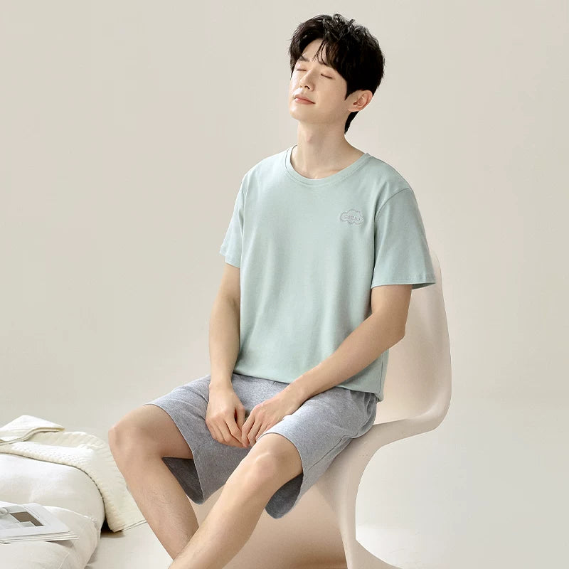 Təmiz pambıq kişi yay qısaqollu pijama 2026 yeni kişi yay böyük ölçülü nazik ev geyimi kostyumu çöldə geyilə bilər