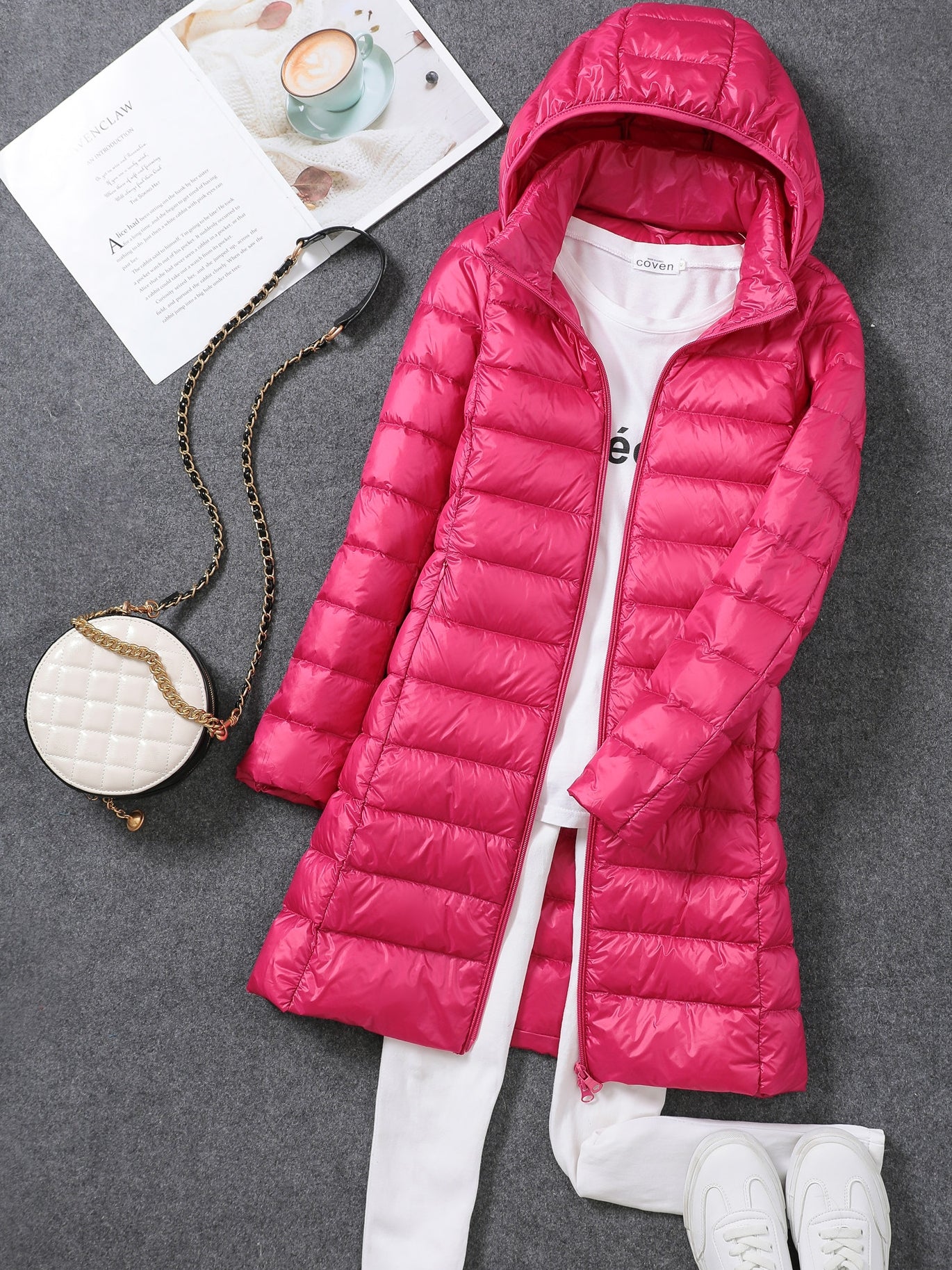 2024 Autumn/Winter New Women's Lightweight Jacket, Mid-Length, White Duck Down, Korean Style, Slimming and Comfortable, Detachable Hood