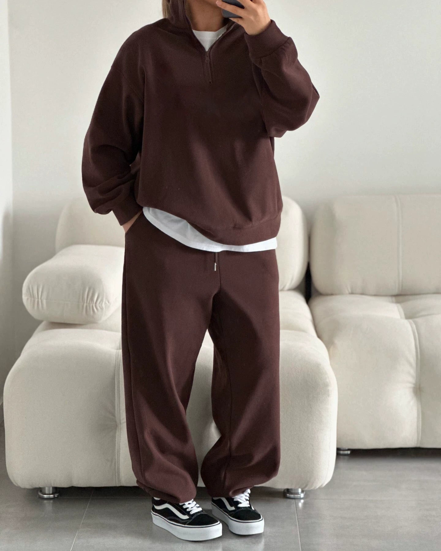 European and American style loose, half-zip shirt and pants set