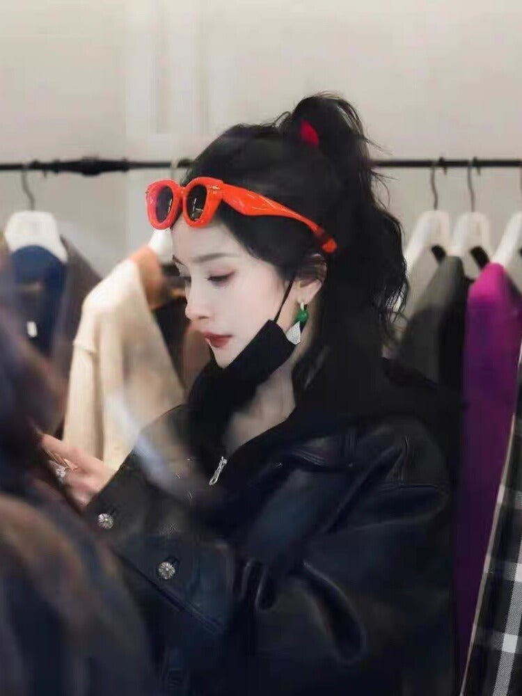 Günəş eynəkləri Yang Mi-nin eyni üslublu Paris Moda Həftəsi qırmızı dəyirmi günəş eynəyi sevimli günəş kölgəsi anti-UV çərçivələri trendi