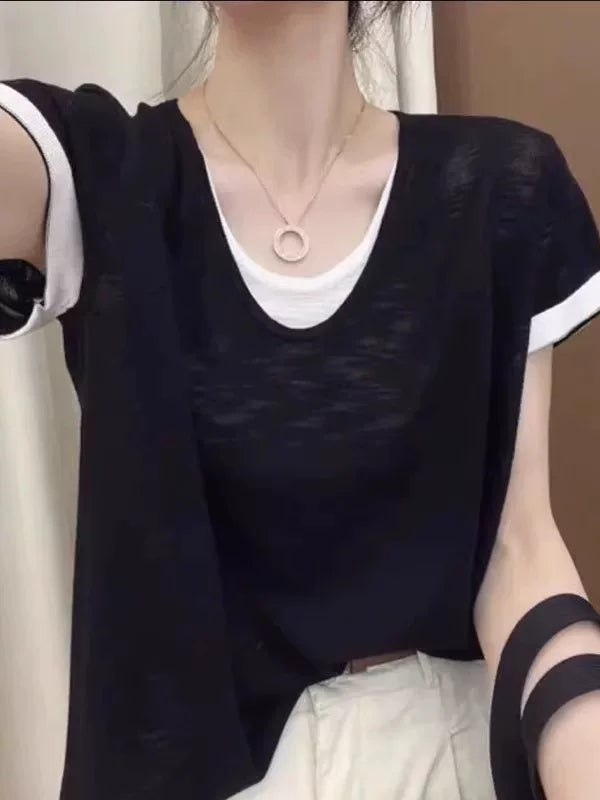 Böyük ölçülü yay təmiz pambıq nazik saxta iki hissəli qısaqol, qalın mm dizaynlı, boş, nazik və çox yönlü köynəklər