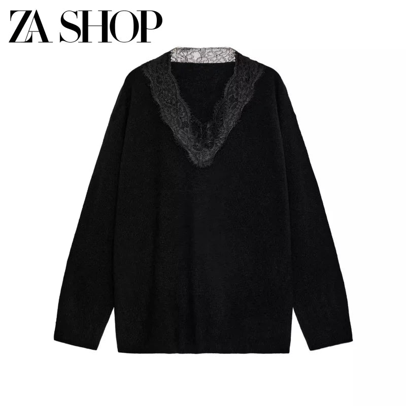 2025 Qış Yeni Gəliş Qadın Gündəlik Qarışıq Boş Sviter Uzun Qollu V-Yaxalı Krujeva ilə Bükülmüş Trikotaj Geyim 5755125