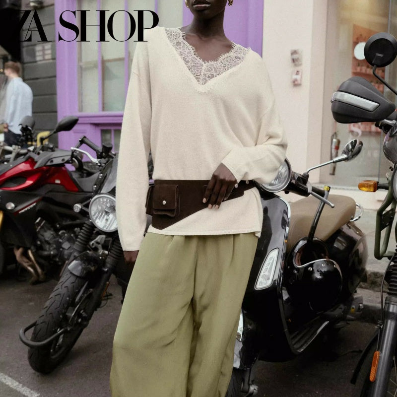 2025 Qış Yeni Gəliş Qadın Gündəlik Qarışıq Boş Sviter Uzun Qollu V-Yaxalı Krujeva ilə Bükülmüş Trikotaj Geyim 5755125