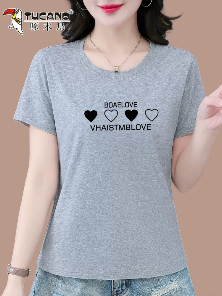 Ağacdələn təmiz pambıq qısaqol köynək qadınlar üçün yay 2026 yeni orta yaşlı ana təsadüfi xarici stil boş qadın top T-shirt