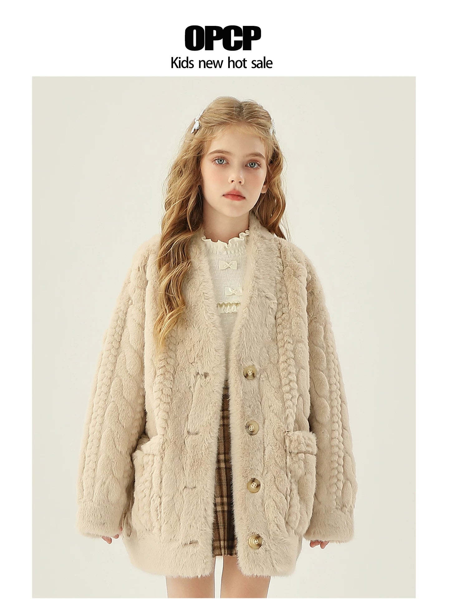 OPCP Uşaq Xəz Paltosu, Yeni Payız/Qış Modeli, Qızlar üçün Kabel Örgü Naxışlı Süni Mink Qısa Kardiqan