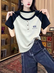 2026 Yay Koreya Stili Yeni Kontrast Rəngli Raqlan Qol Qısaqol Qadın Slim Təsadüfi İncə Çox Yönlü Düyməli T-shirt