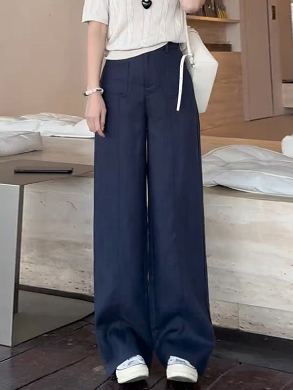 Qadınlar üçün tünd göy rəngli kətan gündəlik şalvar, yeni yay modeli, böyük ölçü, geniş forma, yüksək bel, arıqlama, düz ayaq, enli ayaq.