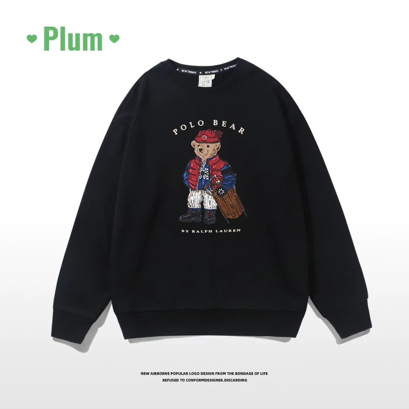 Zhou Yutong-un Amerika retro tünd göy rəngli sviter, qadın 2025-ci il yeni payız və qış stilində, flis astarlı və kiçik ayı naxışı ilə qalınlaşdırılmış.