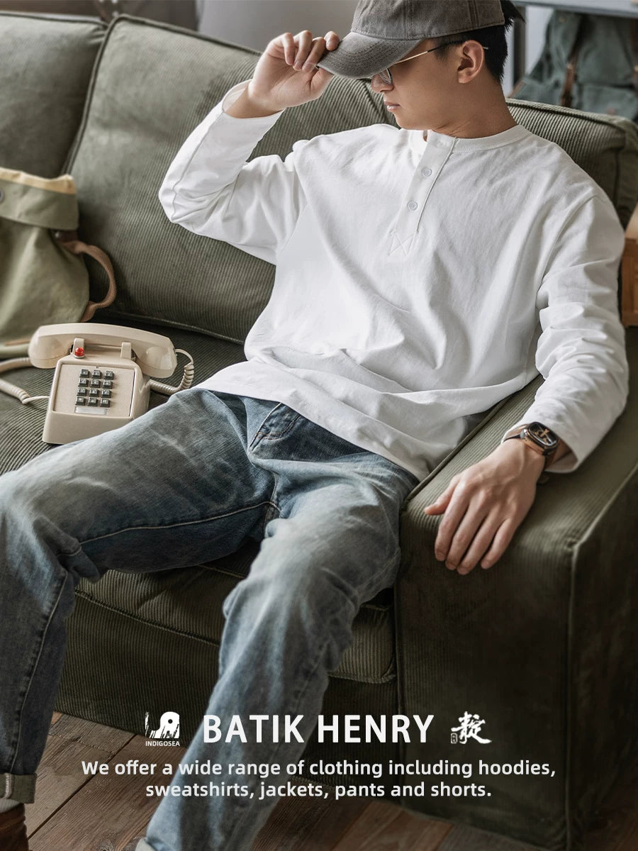 Indigo American Retro Yuyulmuş Batik Henley Köynək T-shirt Çətin Möhkəm Boş Açıq Yaxalıqlı Uzun Qollu Köynək Kişi Yaz